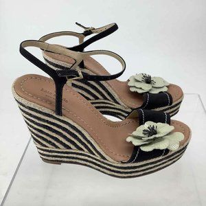 Kate Spade New York Lainey Wedge Sandal Black Cream Striped Flower Espadrille 10